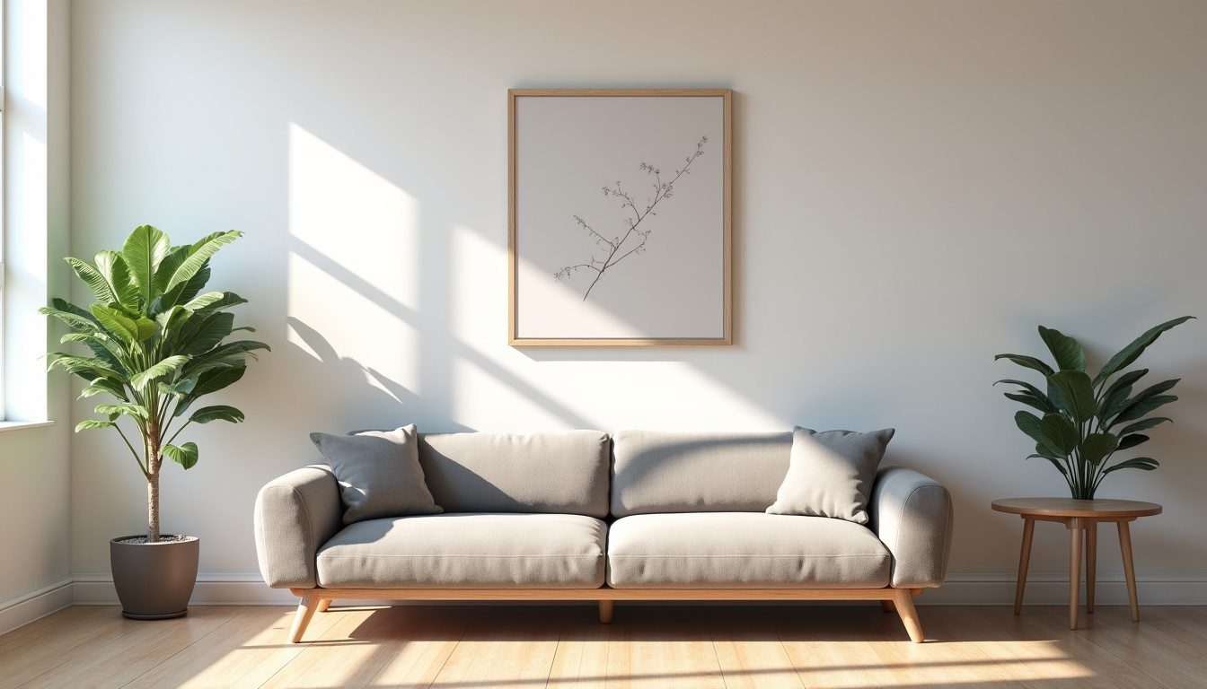 Salon avec canapé gris, plante d’intérieur en pot et décoration minimaliste