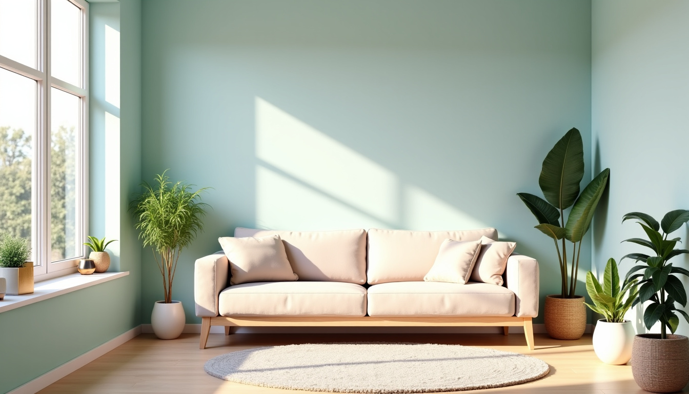 Salon contemporain avec des murs en rose poudré, bleu ciel et vert menthe et des meubles en bois clair