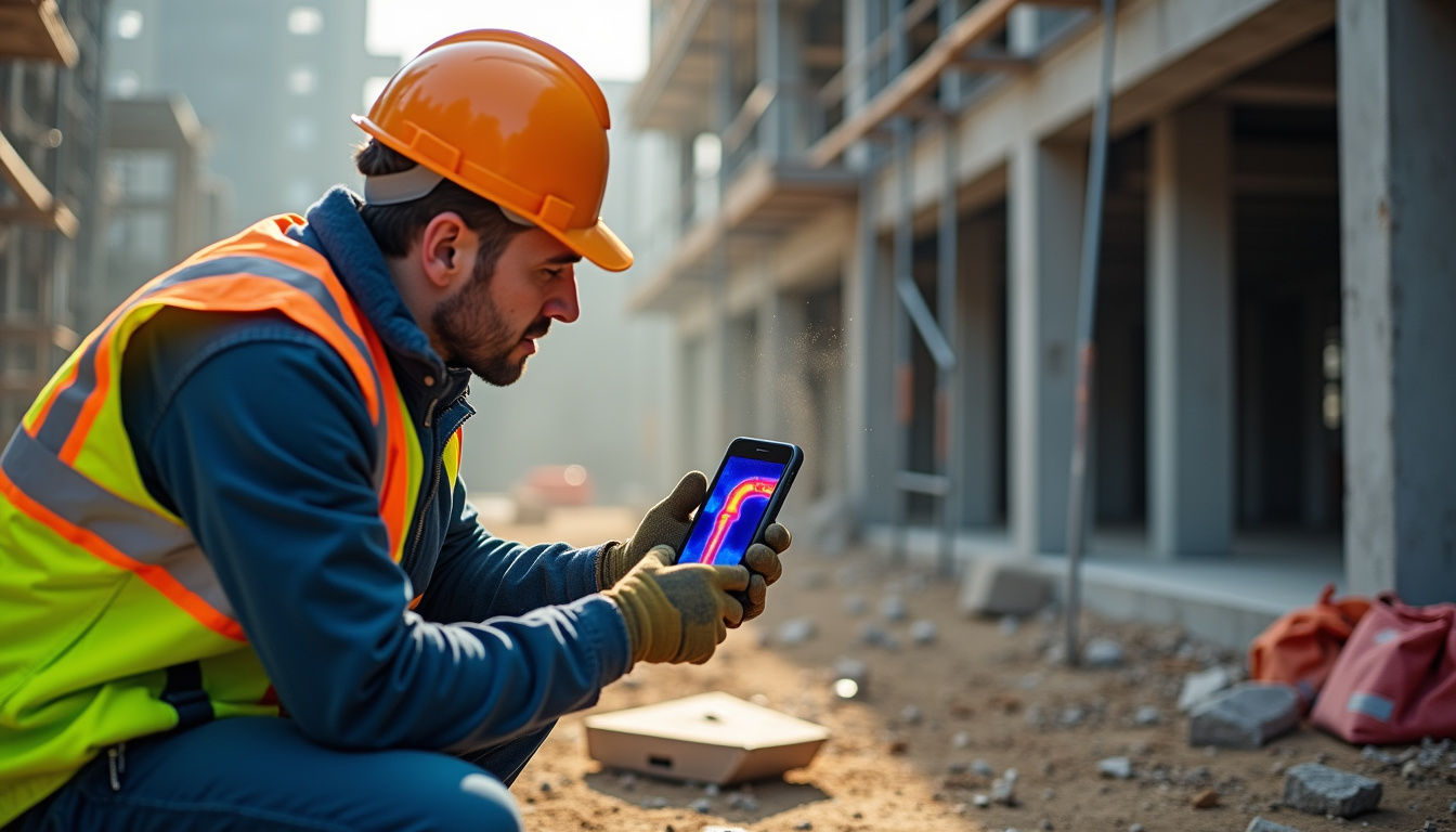 Travailleur utilisant un téléphone de chantier sur un site de construction, en train de prendre des mesures avec la caméra thermique