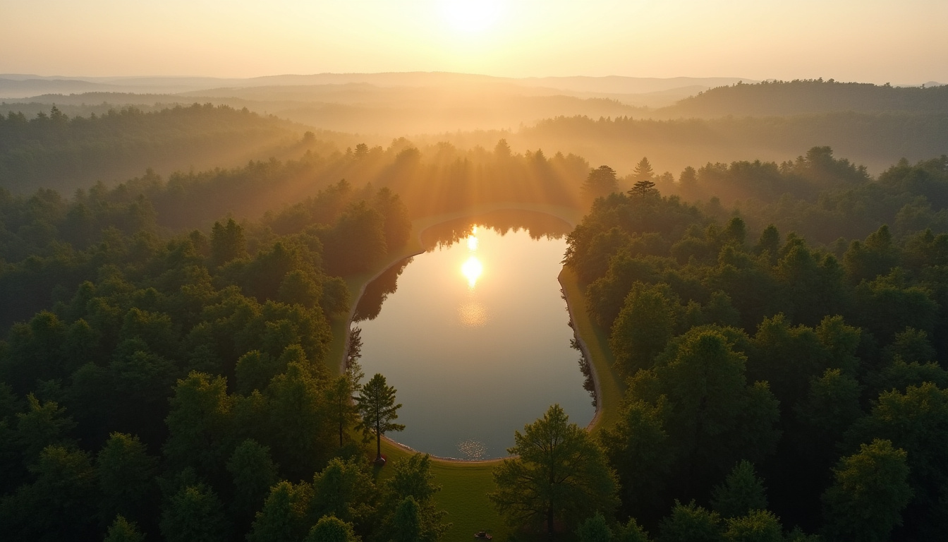 Vue aérienne du domaine de Douchy montrant les vastes étendues boisées et le lac privé
