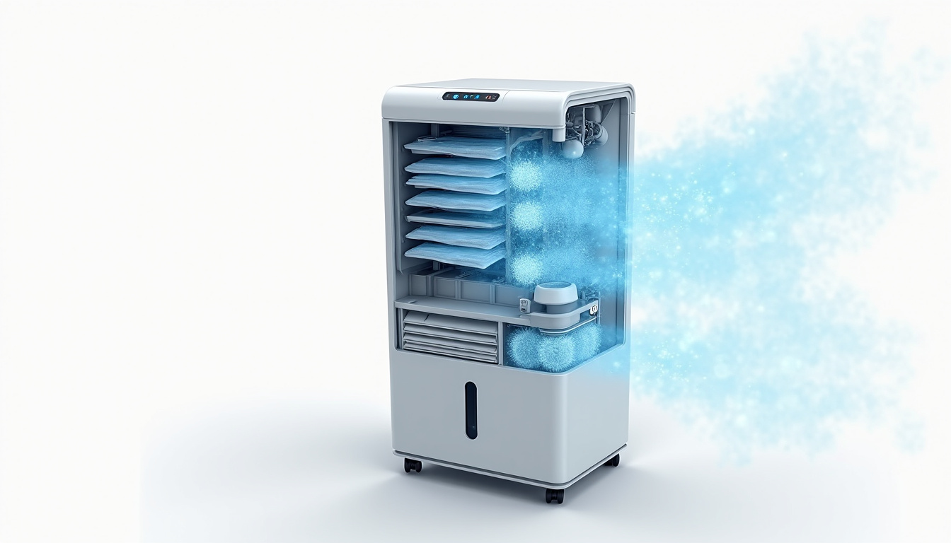 Vue en coupe des composants internes d’un rafraîchisseur d’air&nbsp;: réservoir, pompe, pads évaporatifs, ventilateur