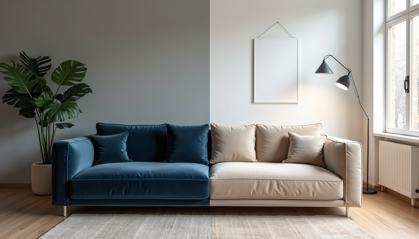 Comparaison de deux canapés en microfibre: l’un en imitation velours bleu nuit, l’autre en effet suédine beige clair, placés dans des décors intérieurs différents