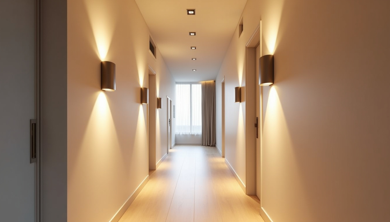 Couloir bien éclairé avec appliques murales et spots encastrés au plafond