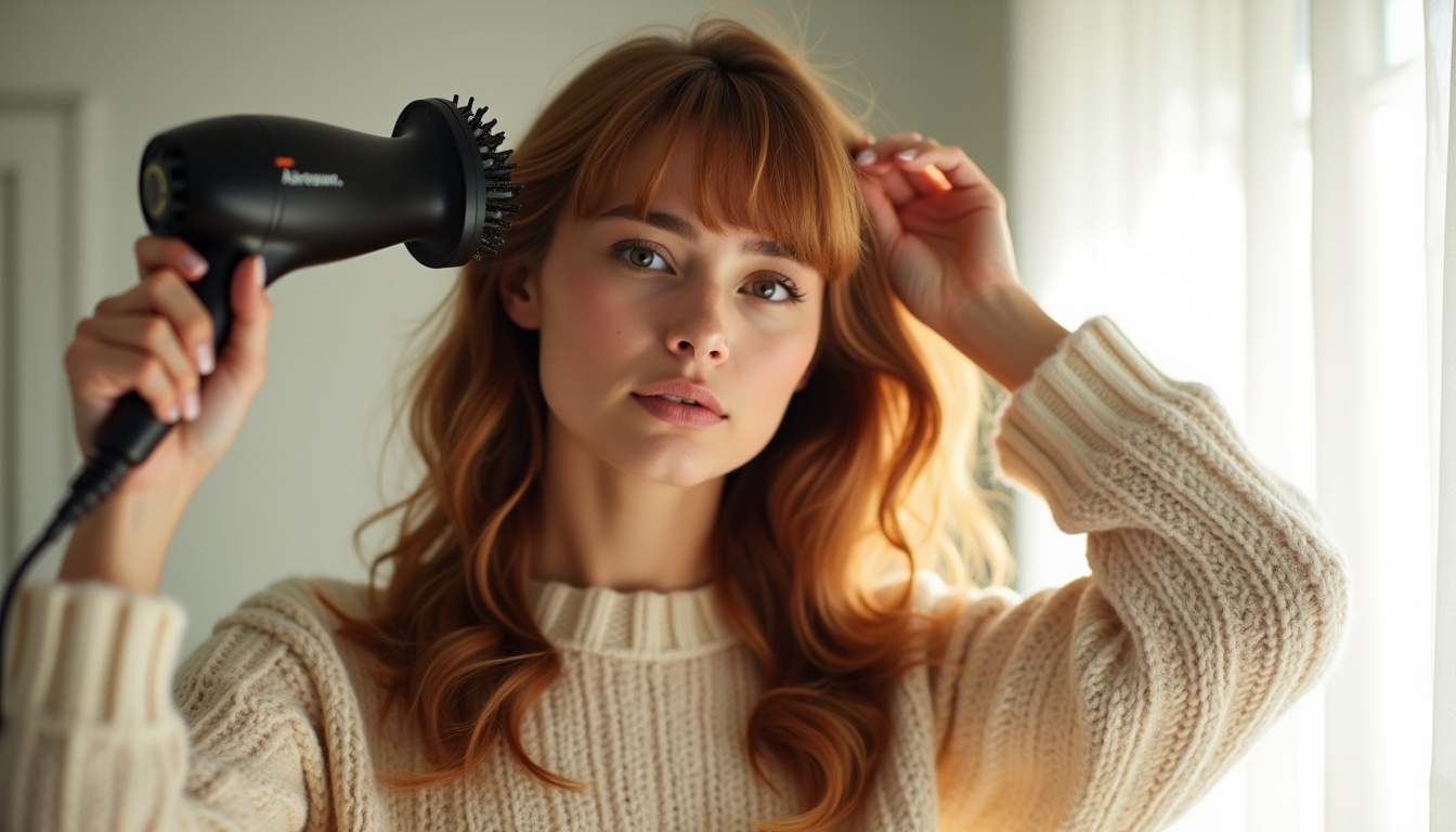 Femme en train de coiffer sa frange rideau avec une brosse ronde et un sèche-cheveux, montrant la technique de séchage vers l