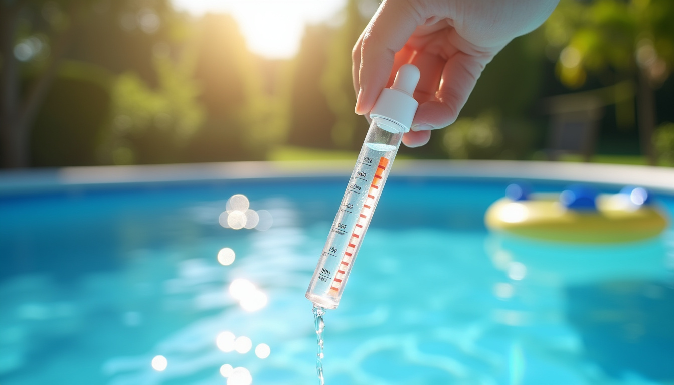 Main tenant un flacon de traitement d'eau et une bandelette de test pour piscine Intex