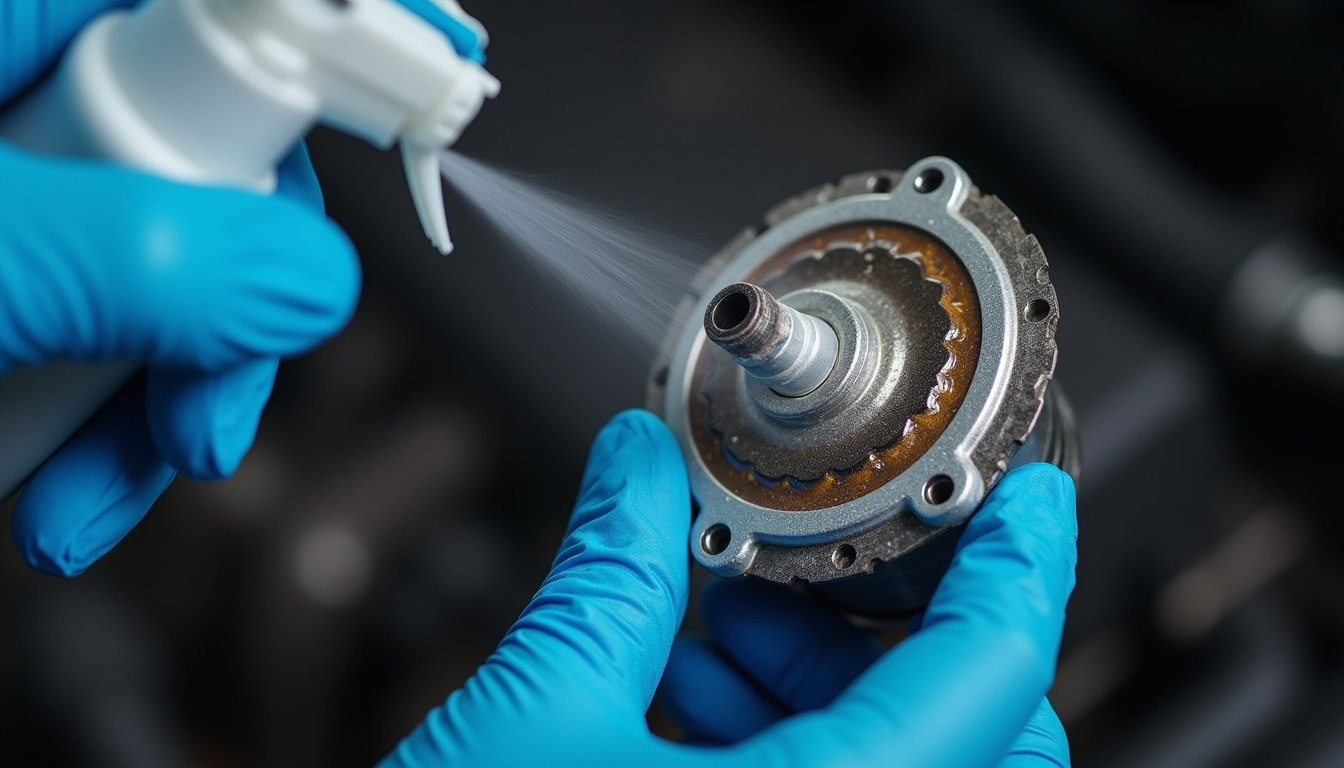 Mécanicien en train de nettoyer une vanne EGR avec un produit spécifique