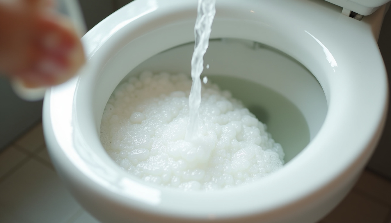 Mélange de bicarbonate de soude et de vinaigre blanc dans une cuvette de toilettes