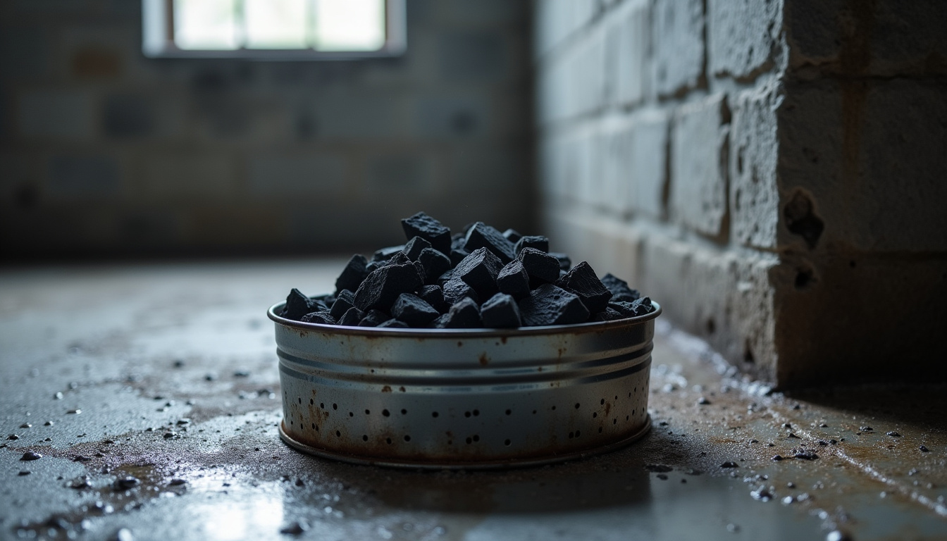 Morceaux de charbon de bois placés dans une boîte de conserve percée pour absorber l'humidité dans une cave