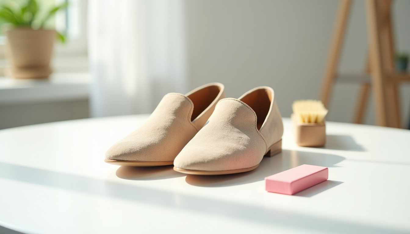Nettoyage de chaussures en daim avec une brosse et une gomme
