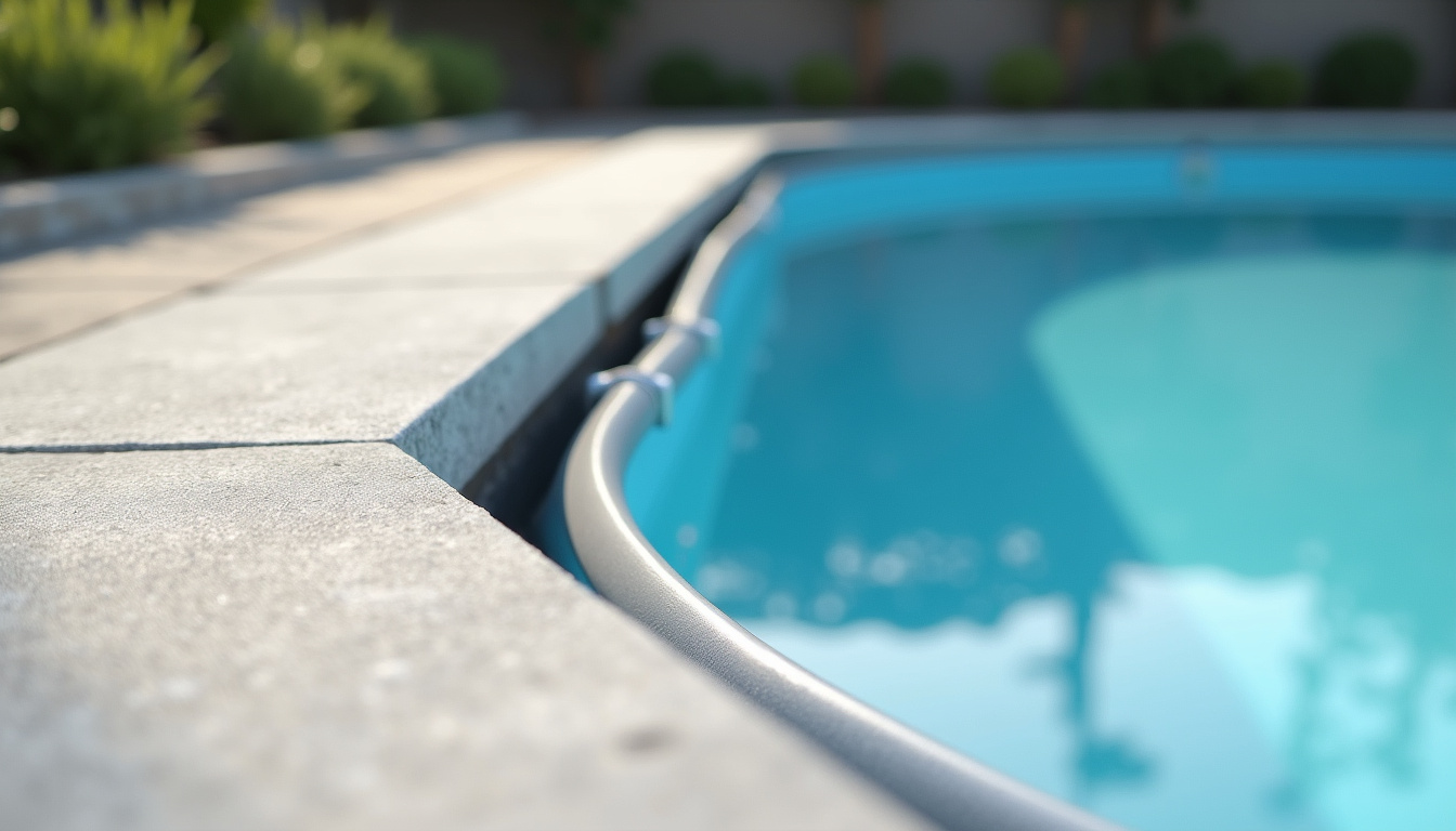 Piscine hors sol en acier installée sur une dalle béton, vue de côté montrant la structure métallique et le liner intérieur