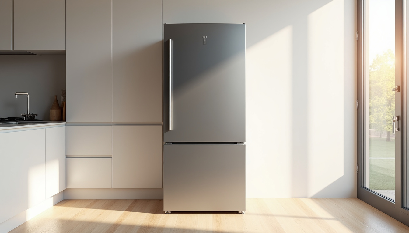 Réfrigérateur gris dans une cuisine moderne avec éclairage naturel