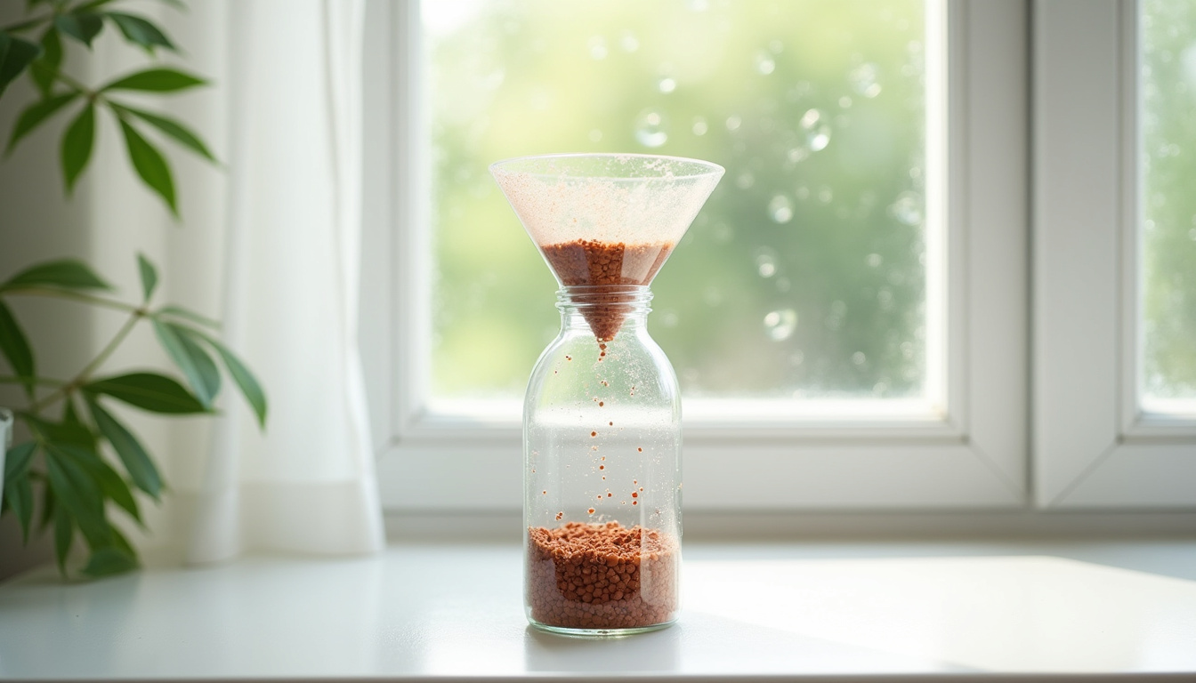 Système maison avec bouteille en plastique coupée et remplie d'argile concassée pour absorber l'humidité