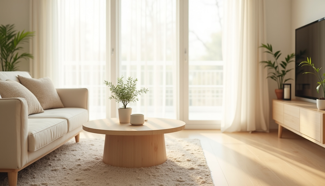 Table basse et consolette Loberon en bois clair dans un salon lumineux