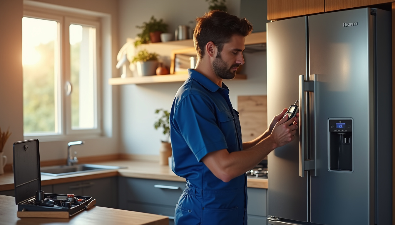 Technicien en train de réparer un réfrigérateur Hisense dans une cuisine