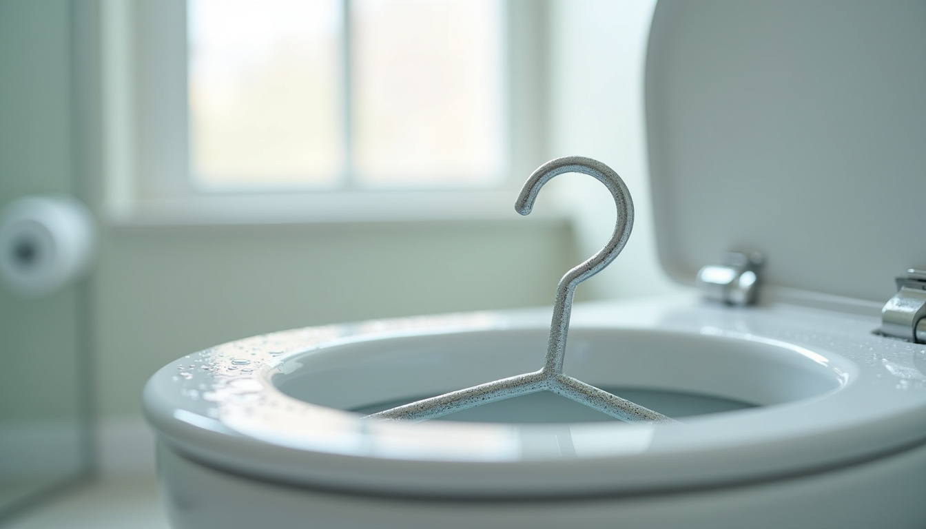 Utilisation d'un cintre métallique déplié pour déboucher une canalisation de toilettes