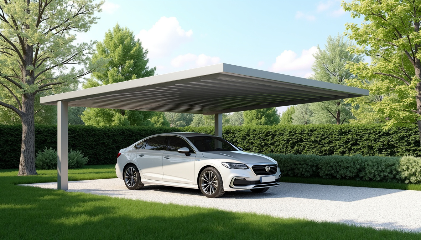 Carport en aluminium installé dans un jardin, protégeant une voiture sous un toit à double pente