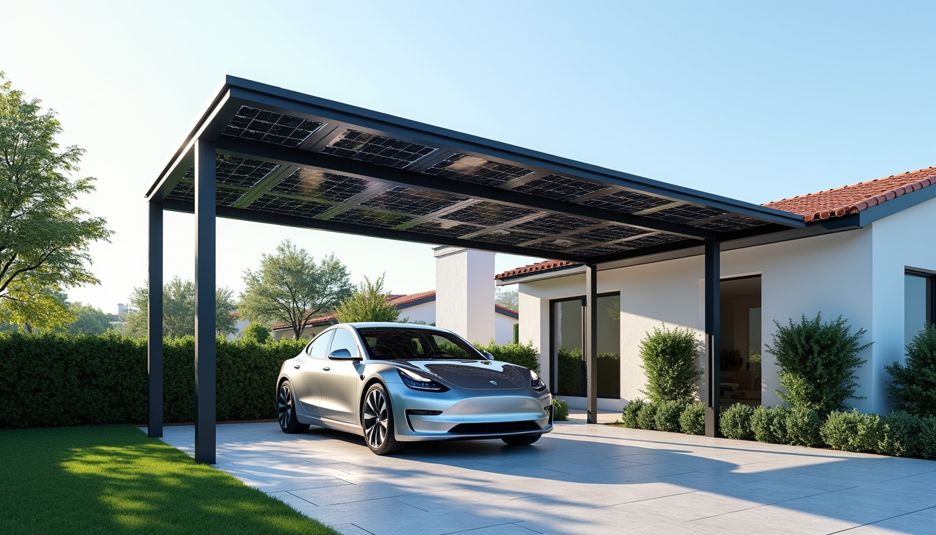 Carport équipé de panneaux solaires photovoltaïques, produisant de l’électricité tout en protégeant une voiture
