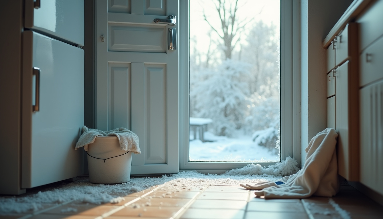 Congélateur avec une fine couche de givre, prêt à être dégivré, entouré de serpillères et d'un seau