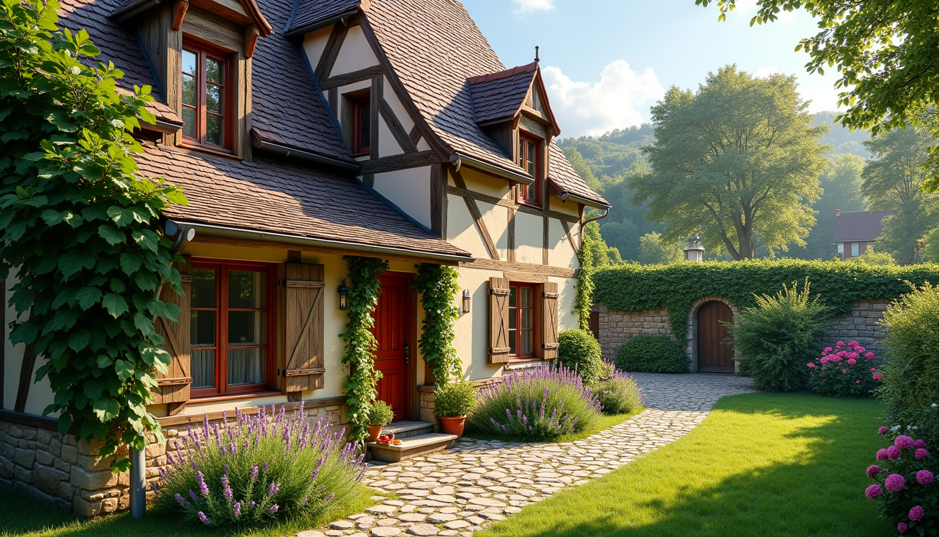 Entrée d'une maison à colombages avec jardin bien entretenu, style architectural traditionnel en France