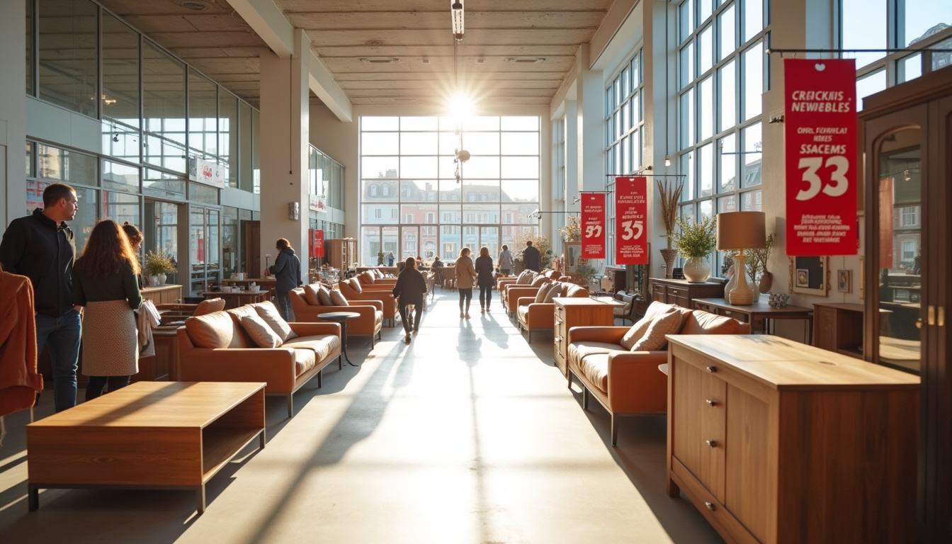 Espace outlet du showroom Crack Meubles à Ypres, avec étiquettes de réduction visibles sur les produits