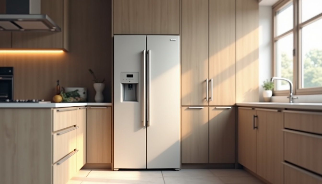 Frigo congélateur encastrable intégré dans une cuisine moderne avec façade sur mesure