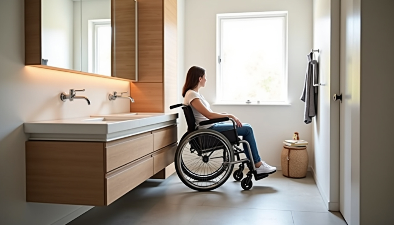 Meuble vasque adapté pour une personne en fauteuil roulant, avec espace libre en dessous