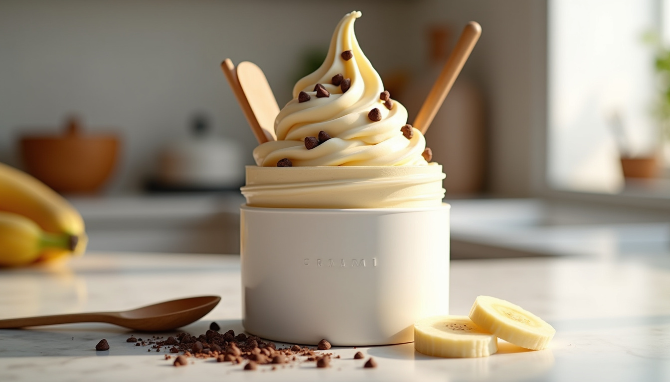 Préparation d'une recette de glace à la banane et pépites de chocolat dans un pot Ninja Creami