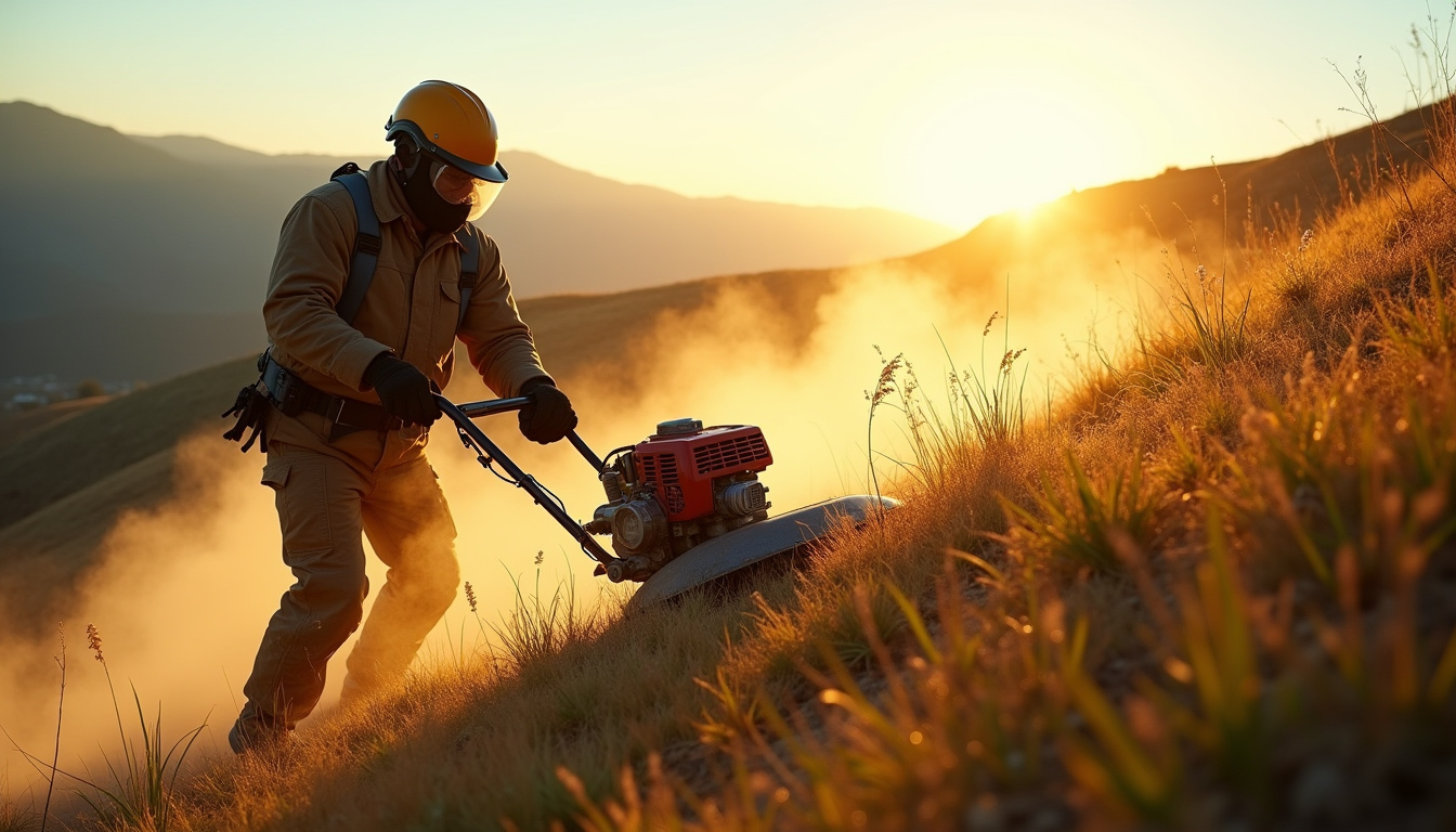 Utilisation d'une débroussailleuse thermique sur un terrain en pente avec protection individuelle