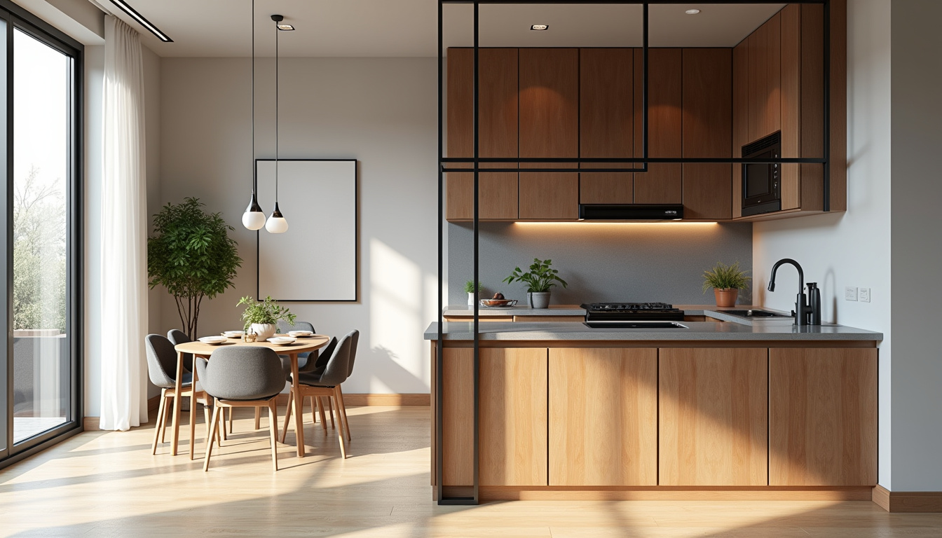 Verrière en bois et métal séparant la cuisine du coin repas dans une salle à manger moderne