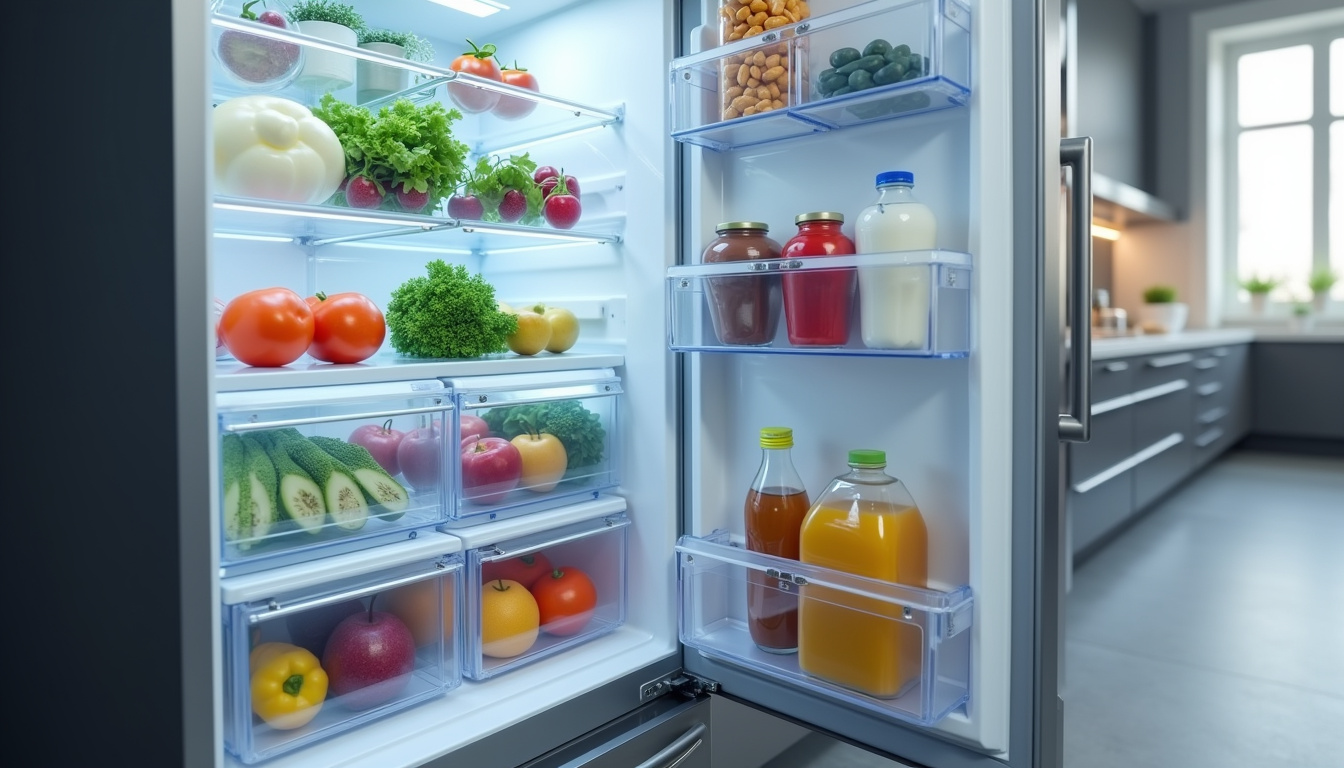 Vue intérieure d’un frigo multi portes avec tiroirs coulissants et compartiments modulables