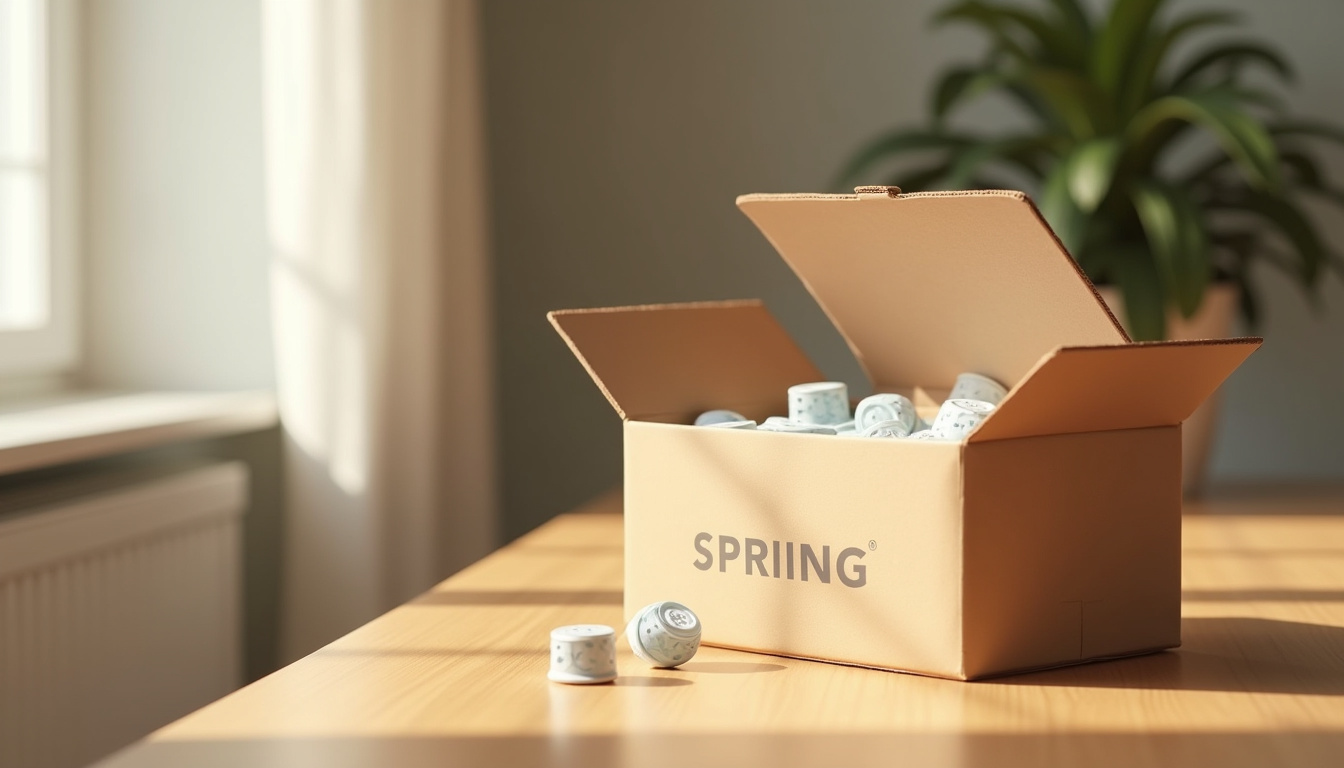 Boîte en carton avec capsules de lessive SPRiNG posées sur une table