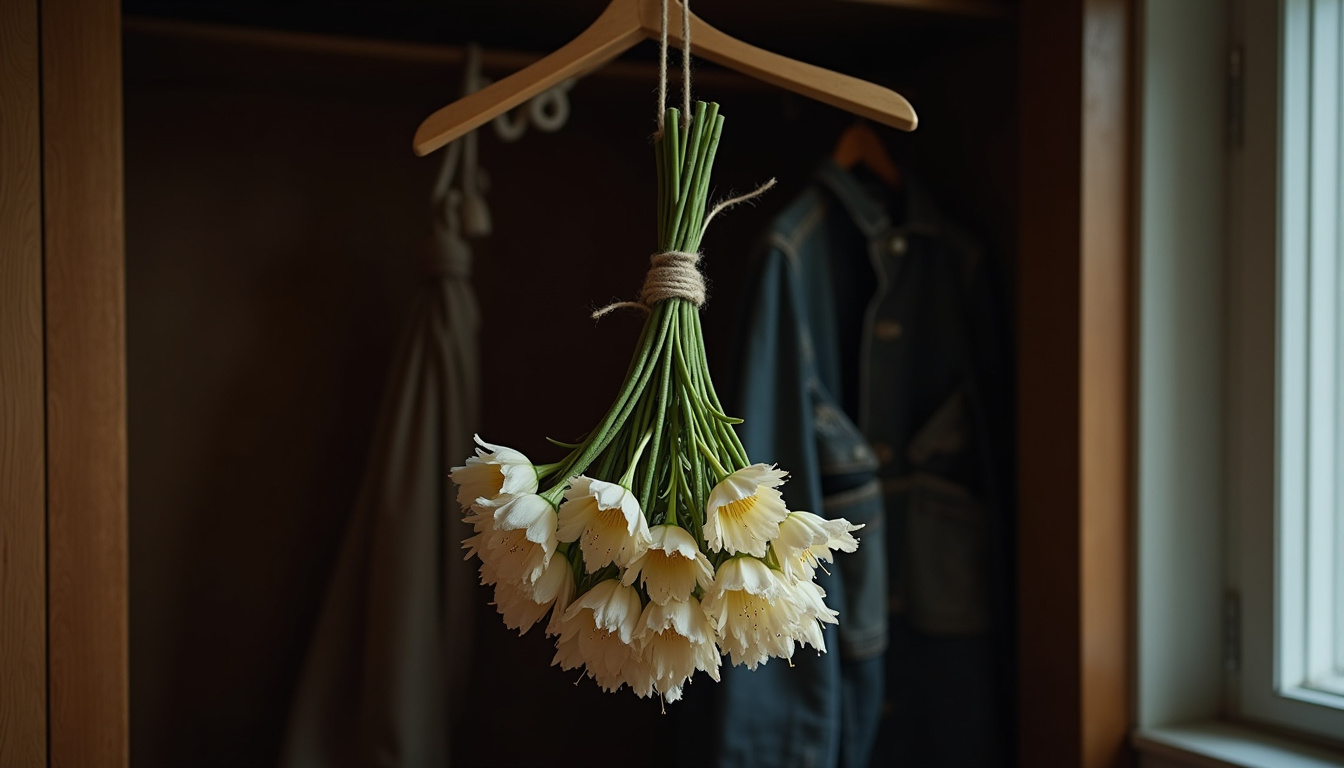 Bouquet de fleurs suspendu tête en bas dans un placard sombre et sec