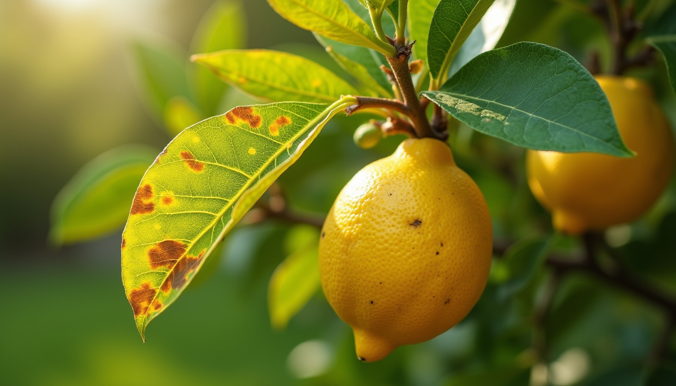 Citronnier présentant des feuilles jaunissantes et tachetées, symptôme d’un déséquilibre nutritionnel ou d’une attaque parasitaire