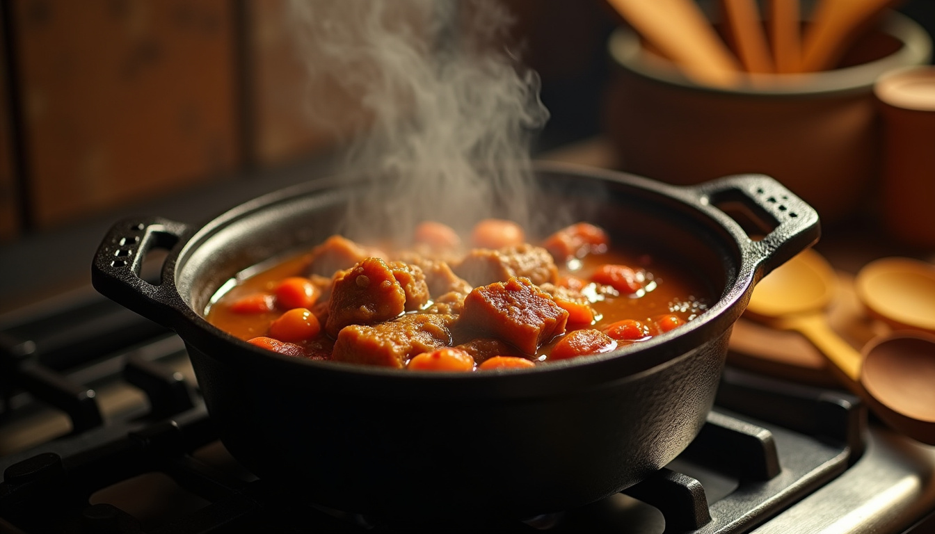 Cocotte en fonte contenant un plat mijoté en cours de cuisson