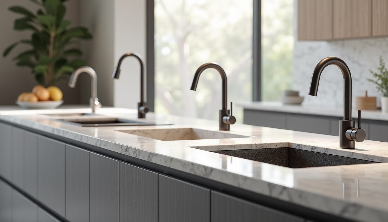 Comparatif de plusieurs éviers en granit montrant différentes finitions: noir, blanc, gris, beige et graphite