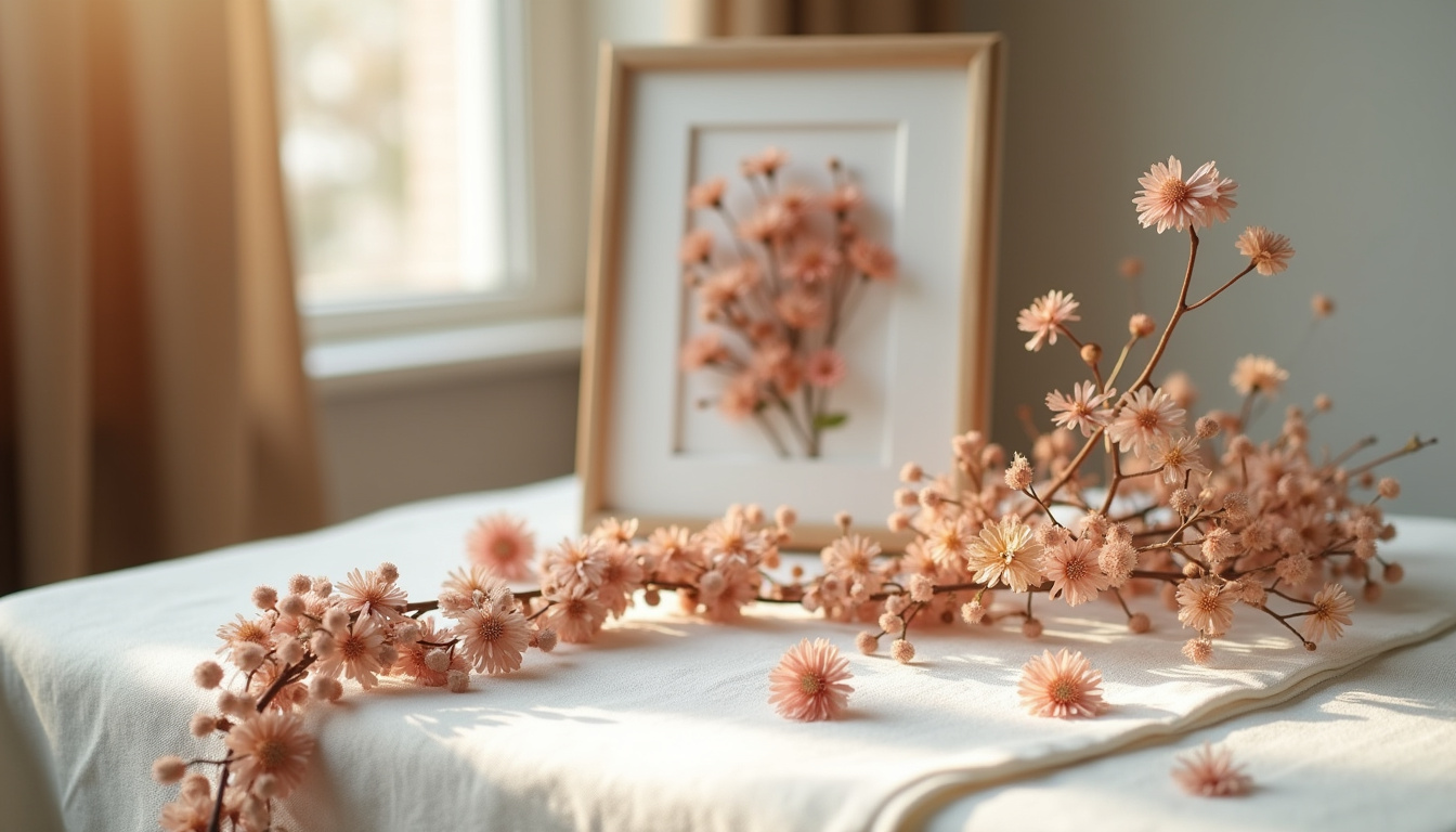 Composition décorative avec des fleurs séchées dans un cadre et en guirlande