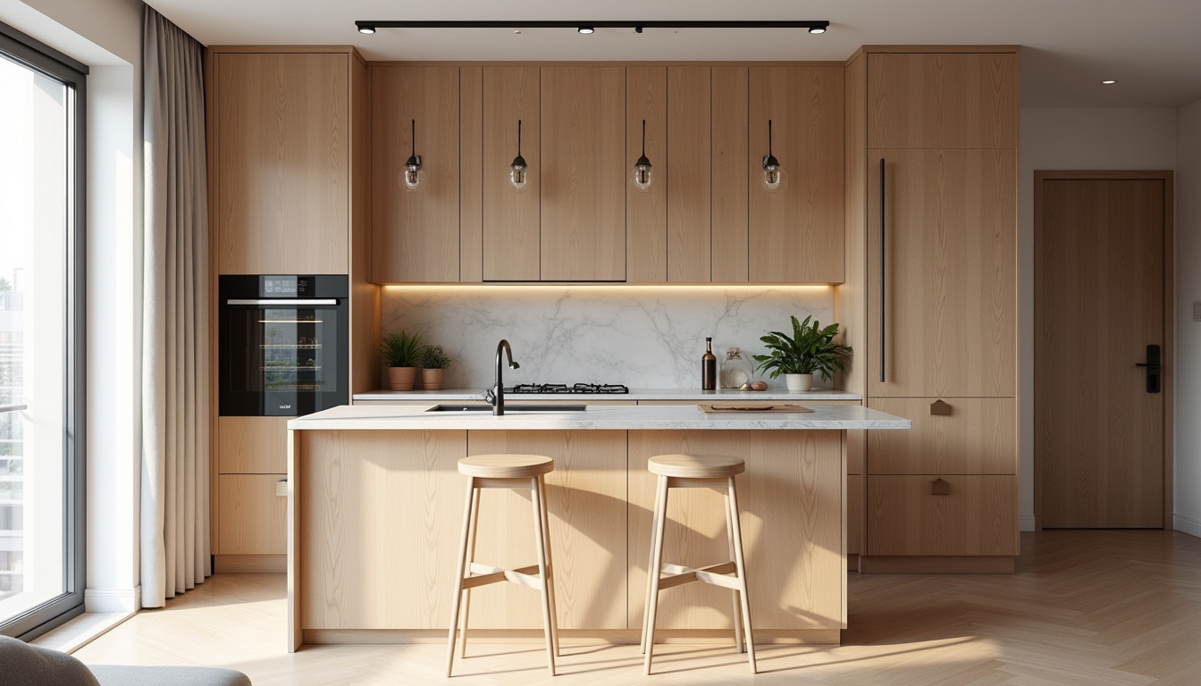Cuisine ouverte dans un studio de 20 m² avec des meubles hauts, un plan de travail utilisé comme bar et des appareils intégrés
