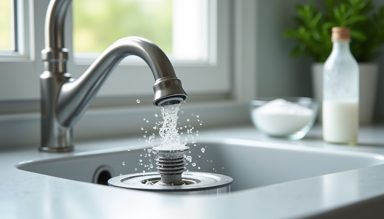 Étapes de nettoyage d’un bouchon de lavabo avec vinaigre blanc et bicarbonate