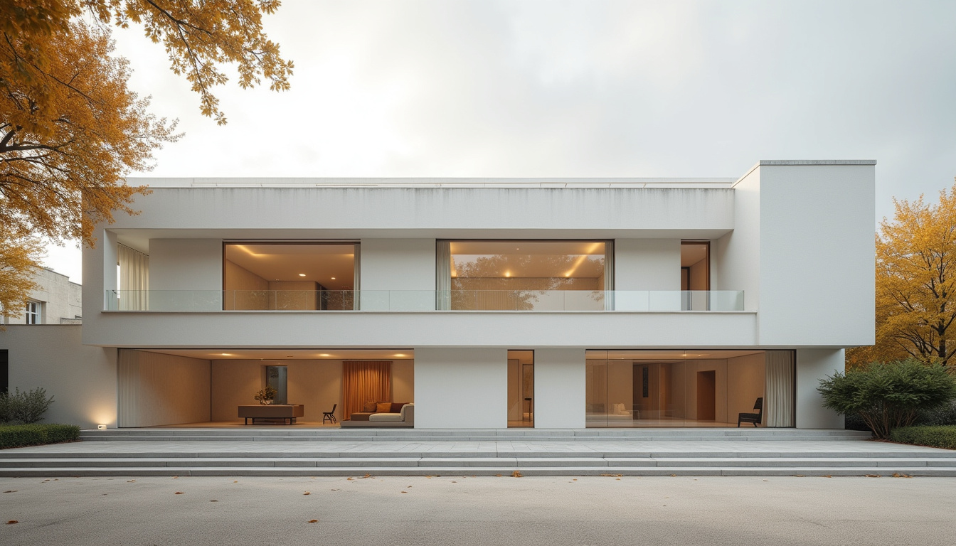 Façade extérieure de la Maison La Roche à Paris, avec pilotis et fenêtres horizontales caractéristiques du style puriste