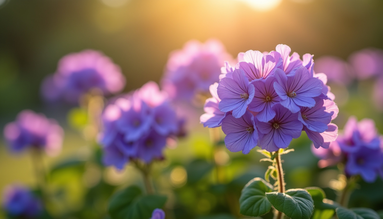 Géranium vivace Rozanne en pleine floraison bleue violacée dans un massif ensoleillé