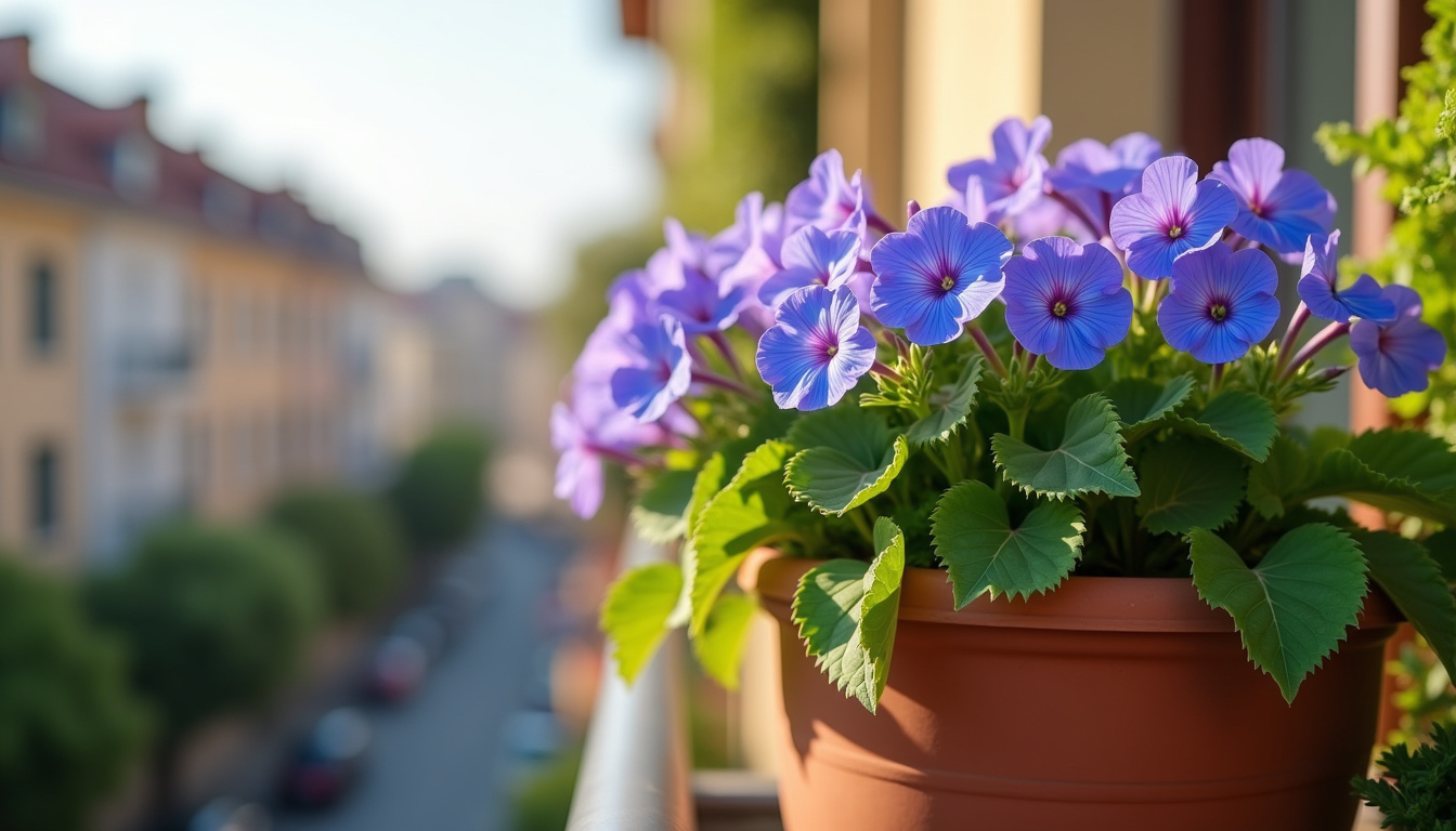 Géranium vivace Rozanne planté en jardinière sur un balcon, avec tiges retombantes en fleurs