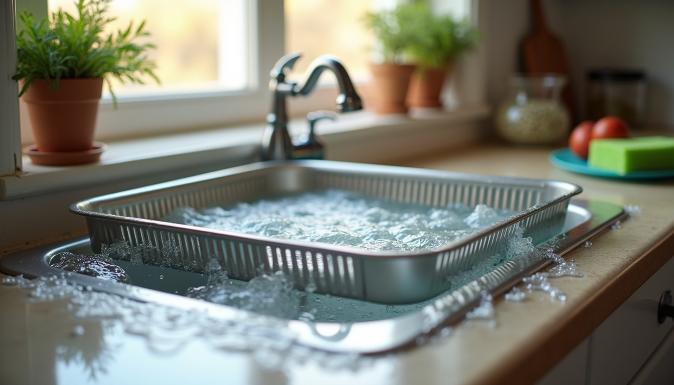 Grilles et accessoires de four en train d'être nettoyés dans un évier avec de l'eau chaude et du savon