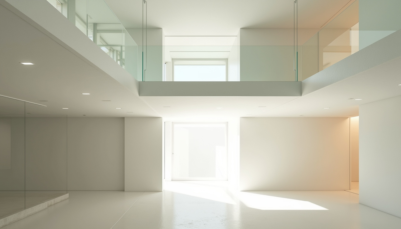 Hall d'entrée en double hauteur de la Maison La Roche, avec passerelle vitrée et lumière naturelle indirecte