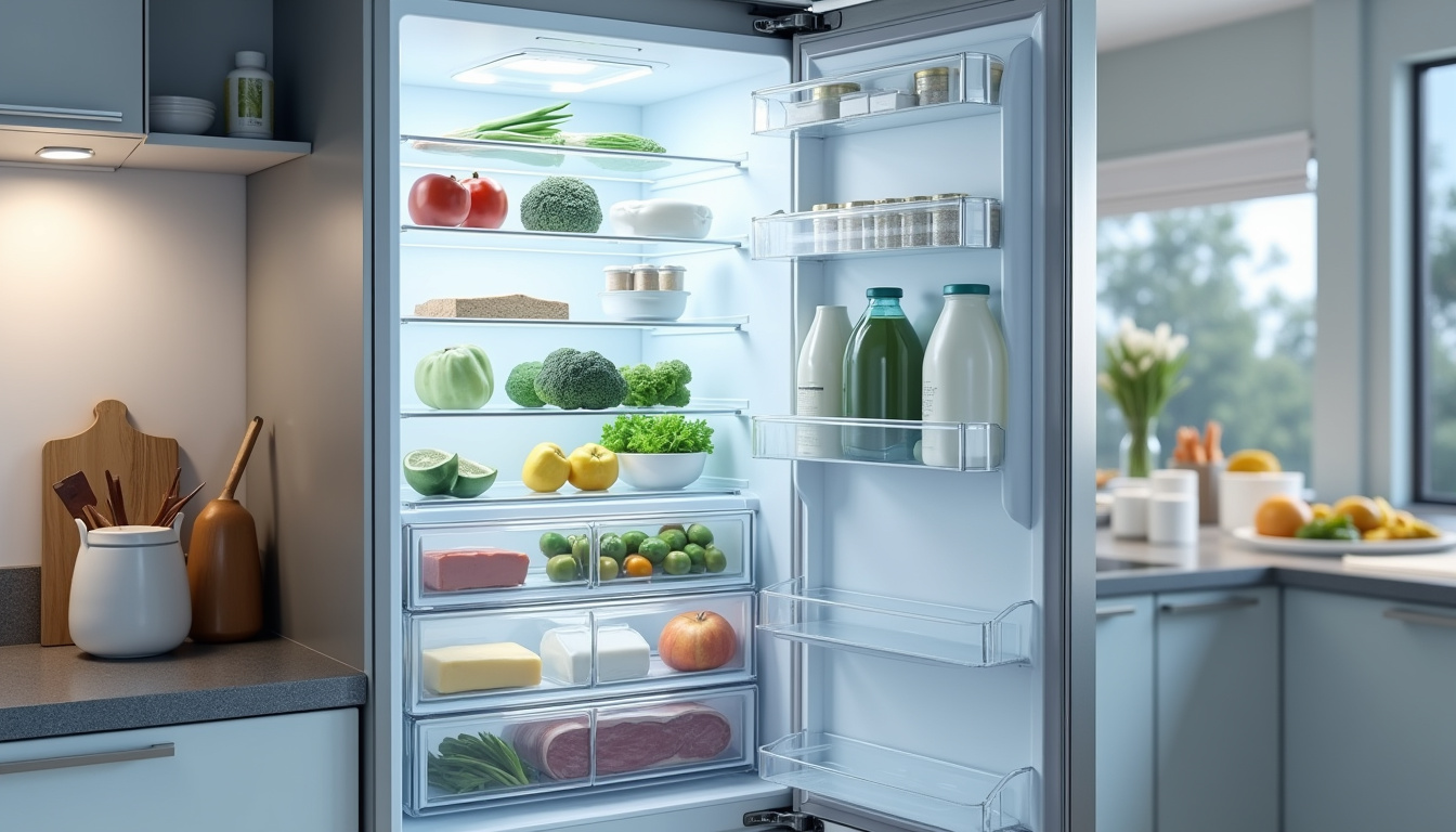 Intérieur d'un frigo encastrable montrant l'organisation des étagères, bacs à légumes et compartiments spécifiques