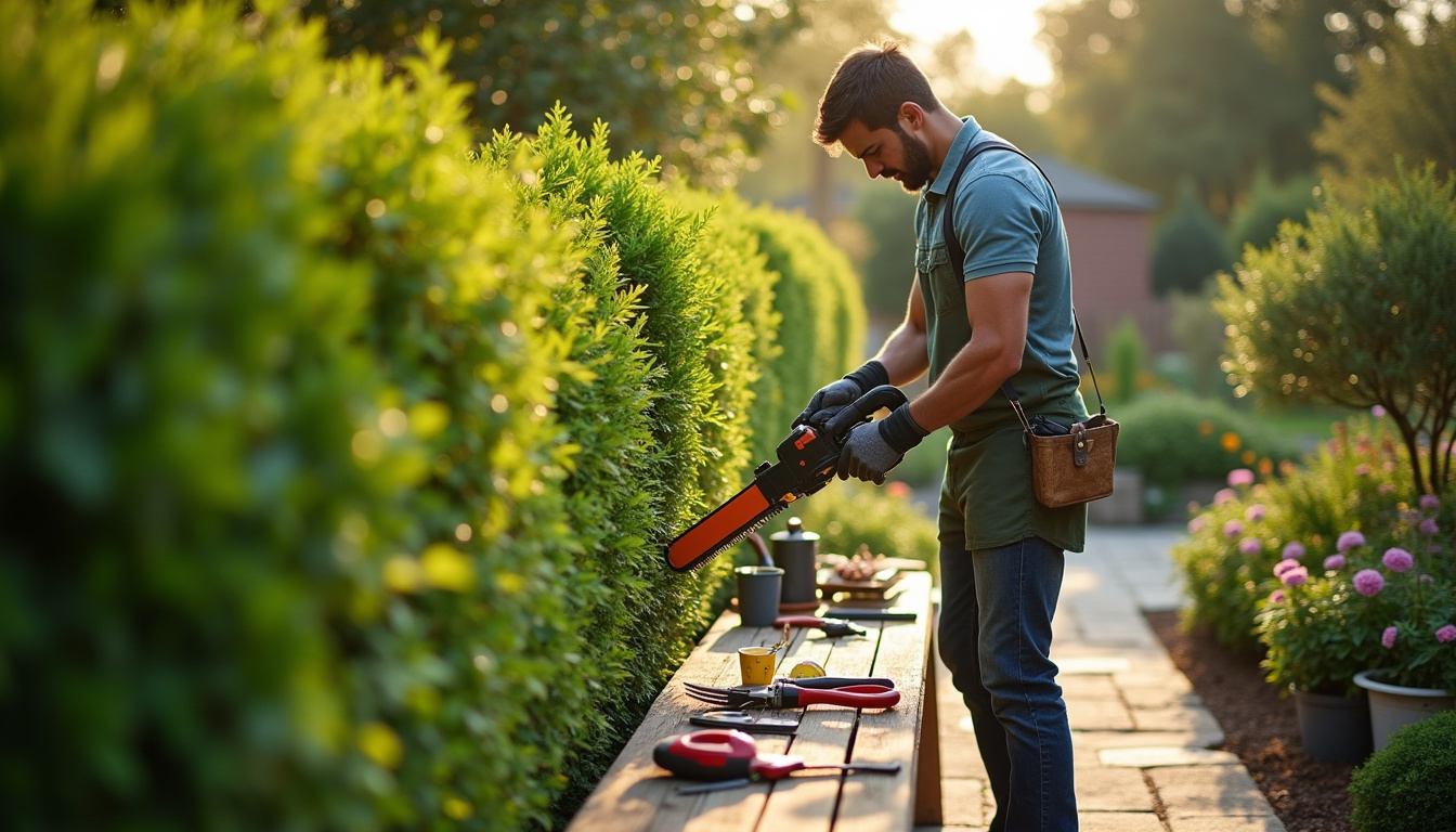 Jardinier en train de tailler une haie avec des cisailles électriques, outils bien rangés à proximité