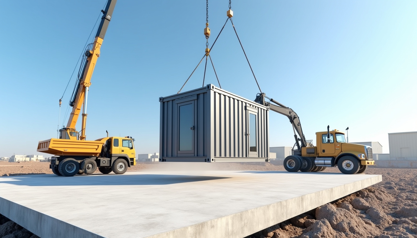 Mise en place d'une maison container sur un terrain, avec grues et véhicules