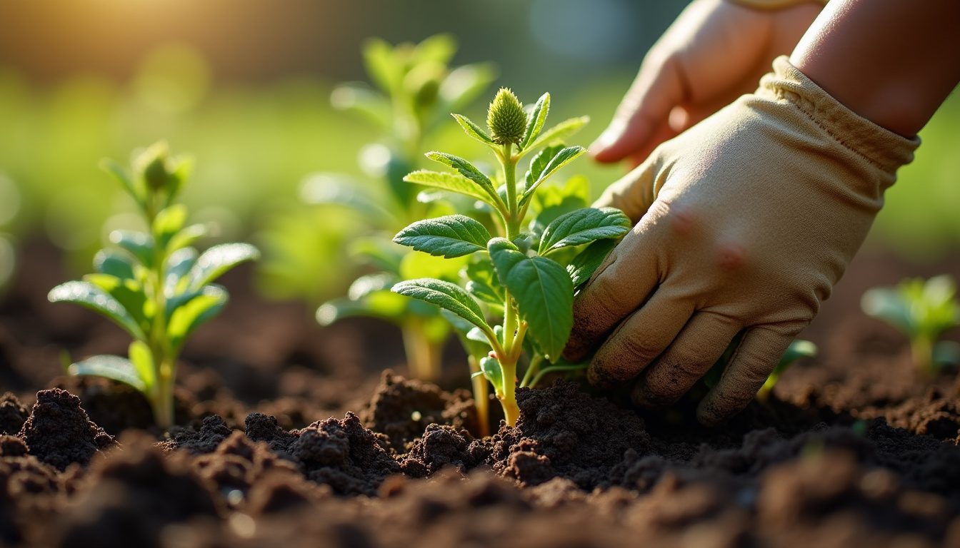 Plantation de chrysanthèmes en pleine terre dans un massif de jardin