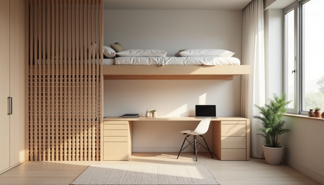 Studio de 20 m² avec un lit mezzanine, un espace de travail en dessous et une délimitation visuelle par un claustra