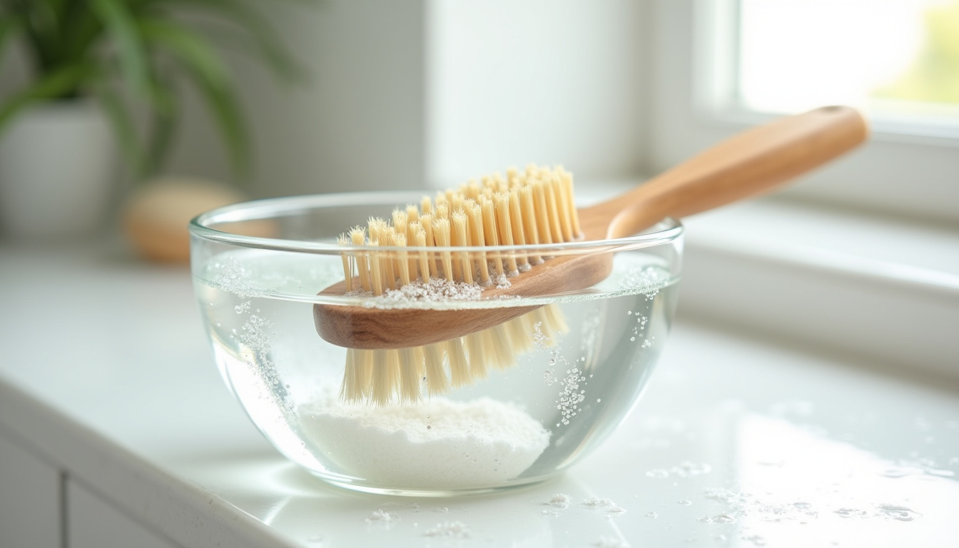 Trempe d'une brosse à cheveux dans un récipient contenant un mélange d'eau et de bicarbonate de soude
