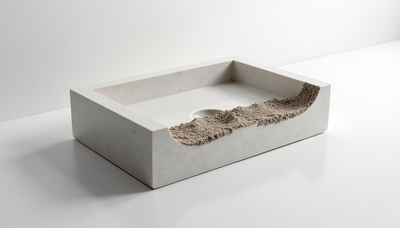 Vue en coupe d'un évier en granit montrant le mélange de poudre de granit et de résine acrylique